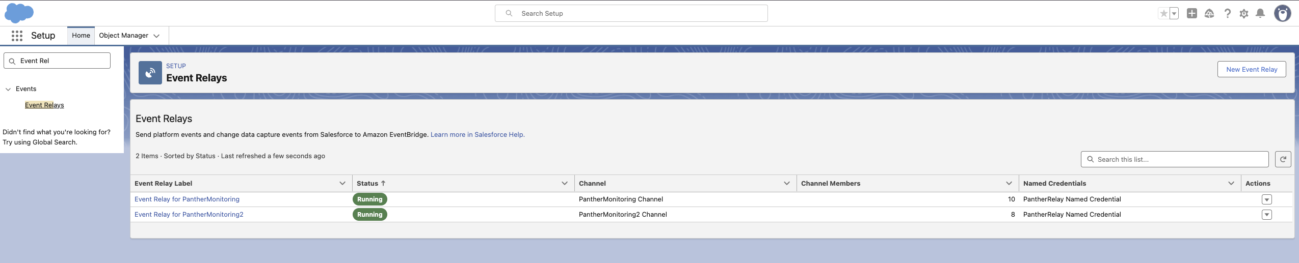 Salesforce Event Relays showing configured relays