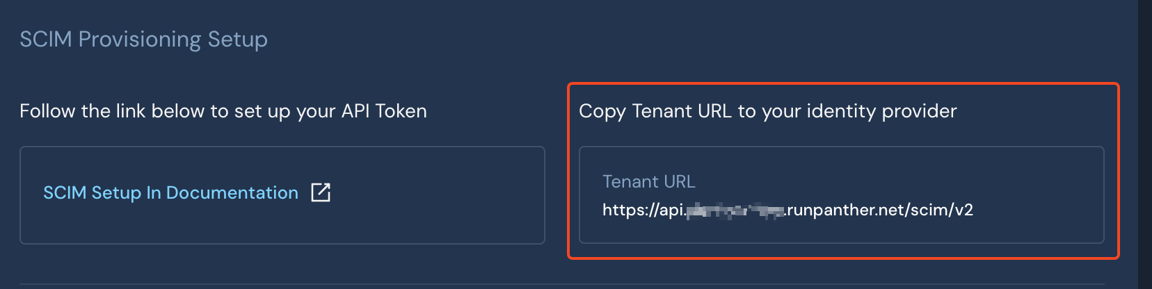 Under a "SCIM Provisioning Setup" header, a section labeled "Copy Tenant URL to your identity provider" and a Tenant URL below it, are circled.
