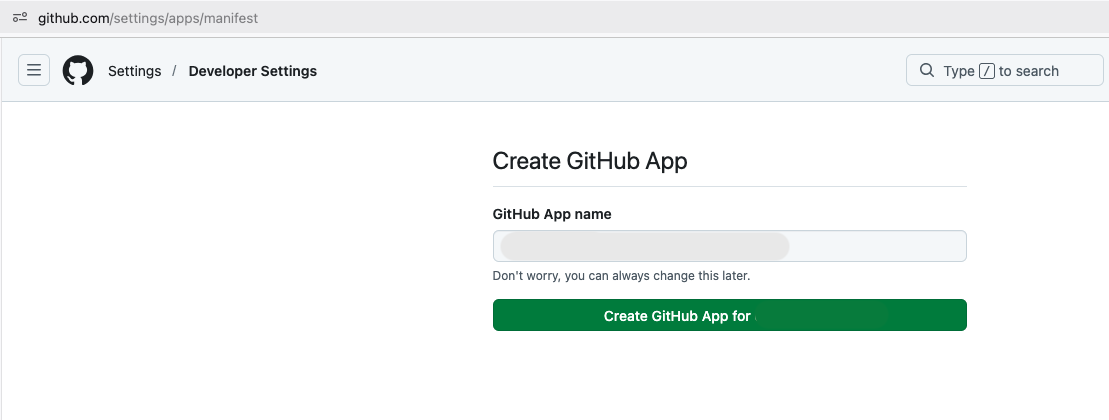 GitHub's Create GitHub App page with a pre-filled GitHub App name field and a Create GitHub App button.