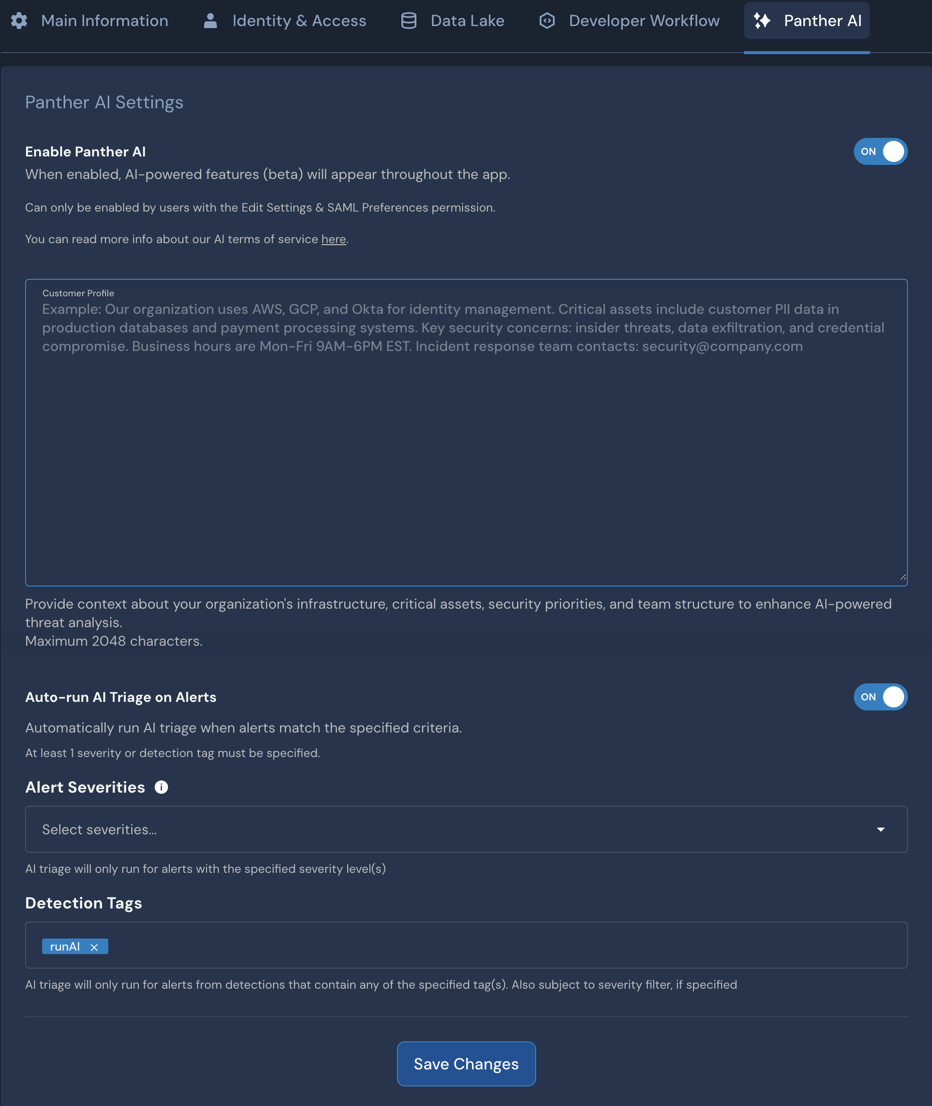 Under a "Panther AI" tab, there are two toggles: Enable Panther AI and Auto-run AI Triage on Alerts. At the bottom there is a Save Changes button.