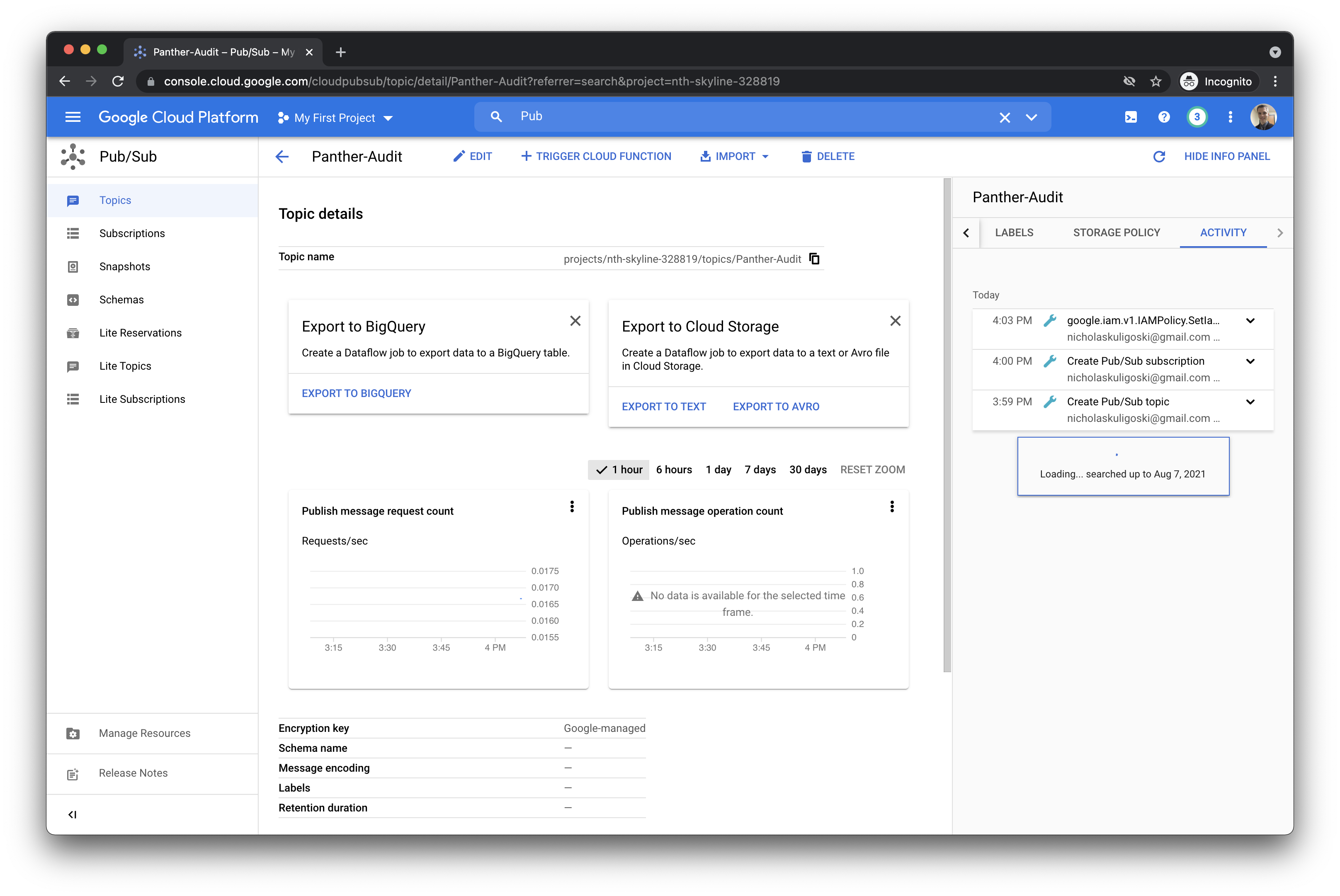 The image shows Google Cloud Platform's Pub/Sub console. In the left sidebar, "Topics" is highlighted. The "Panther-audit" topic is selected.