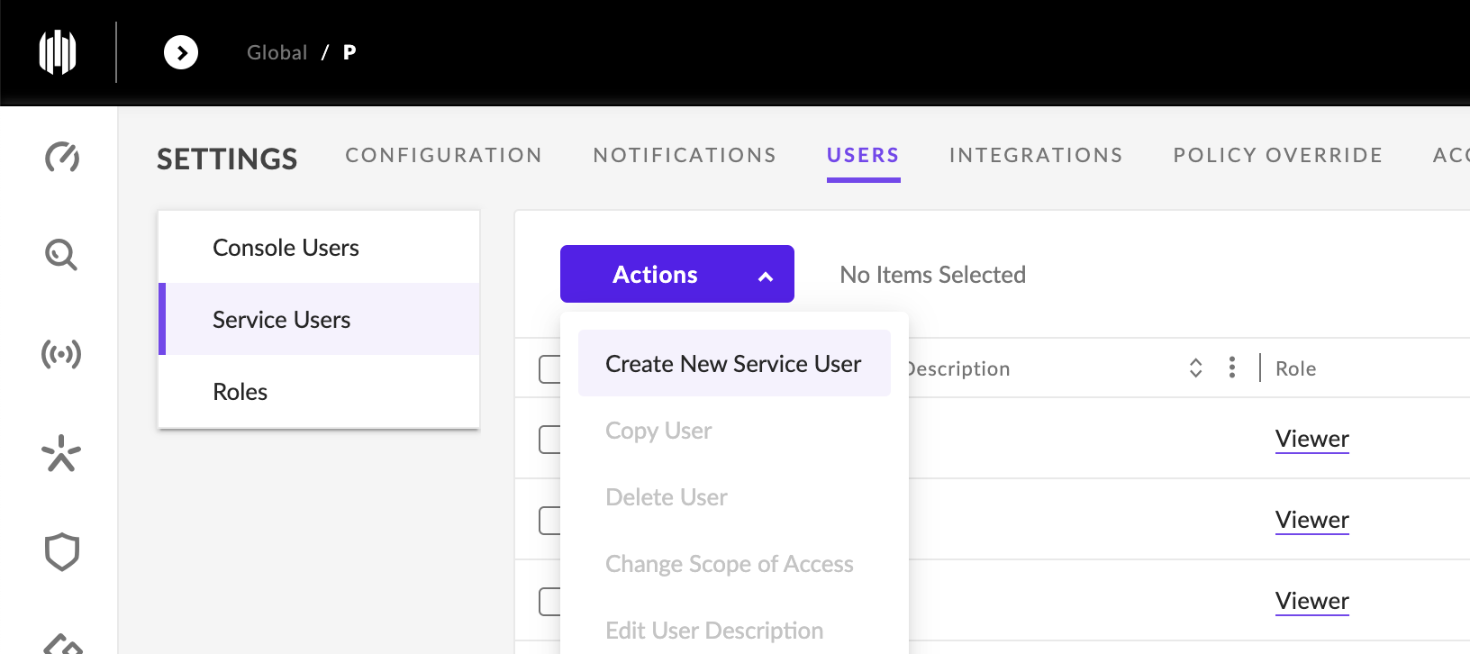 On the Settings page, "Service Users" is highlighted on the left. The Actions dropdown menu is expanded, and the "Create New Service User" option is highlighted.