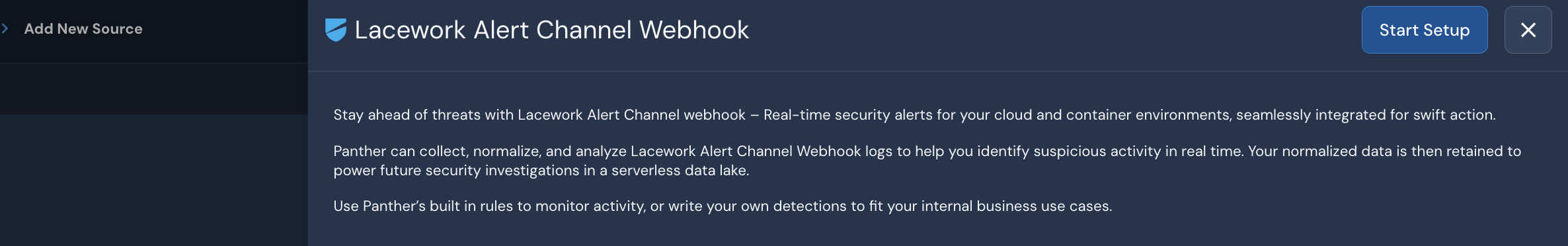 In the Panther Console, the slideout panel for Lacework Alert Channel Webhook is open. Start Setup is in the upper right corner.