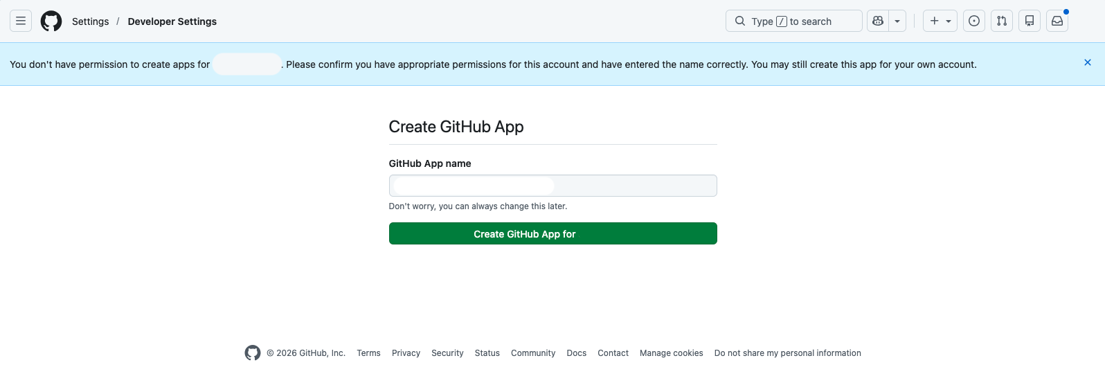 GitHub's Create GitHub App page with a banner reading 'You don't have permission to create apps for this organization. Please confirm you have appropriate permissions for this account and have entered the name correctly.'