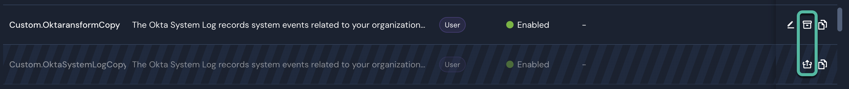 Two schema rows are shown, one that is currently archived and one that is currently unarchived. The archive/unarchive icons in each of their rows is circled.