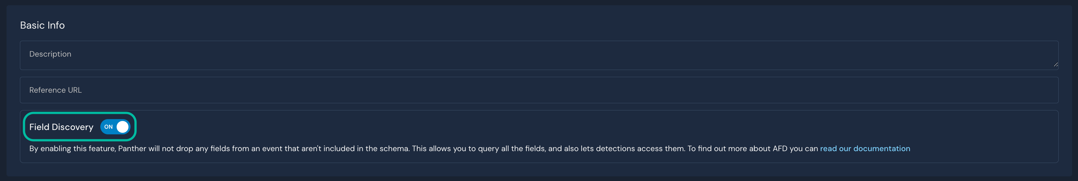 In a Basic Info section, a Field Discovery toggle is set to ON.