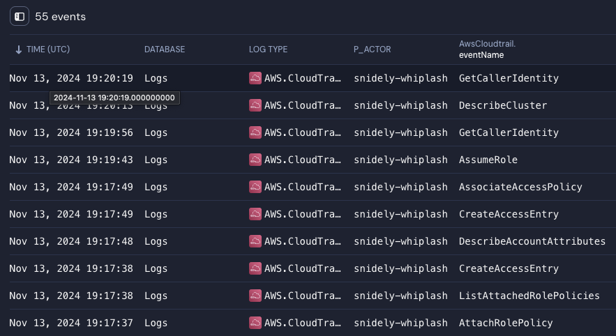 Under a "55 events" header is a table with various columns, like time, database, log type, and p_actor.
