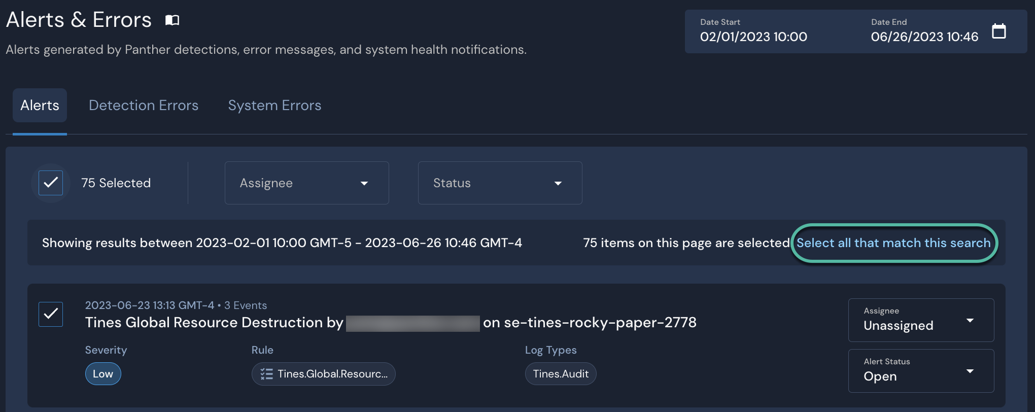 On the Alerts list page, there is a note reading, "Showing results between 2023-02-01 10:00 GMT-5 - 2023-06-26 10:46 GMT-4" then "75 items on this page are selected.  Select all that match this search."