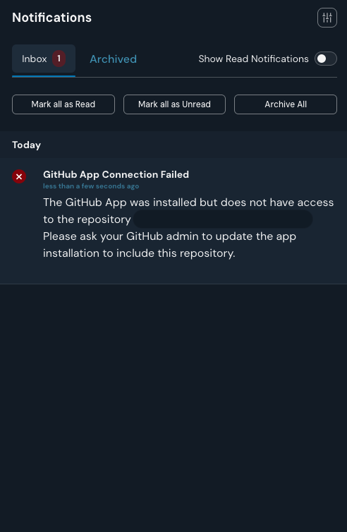 The Panther Notifications panel showing a 'GitHub App Connection Failed' error notification stating that the app was installed but does not have access to the configured repository, with advice to update the app installation.