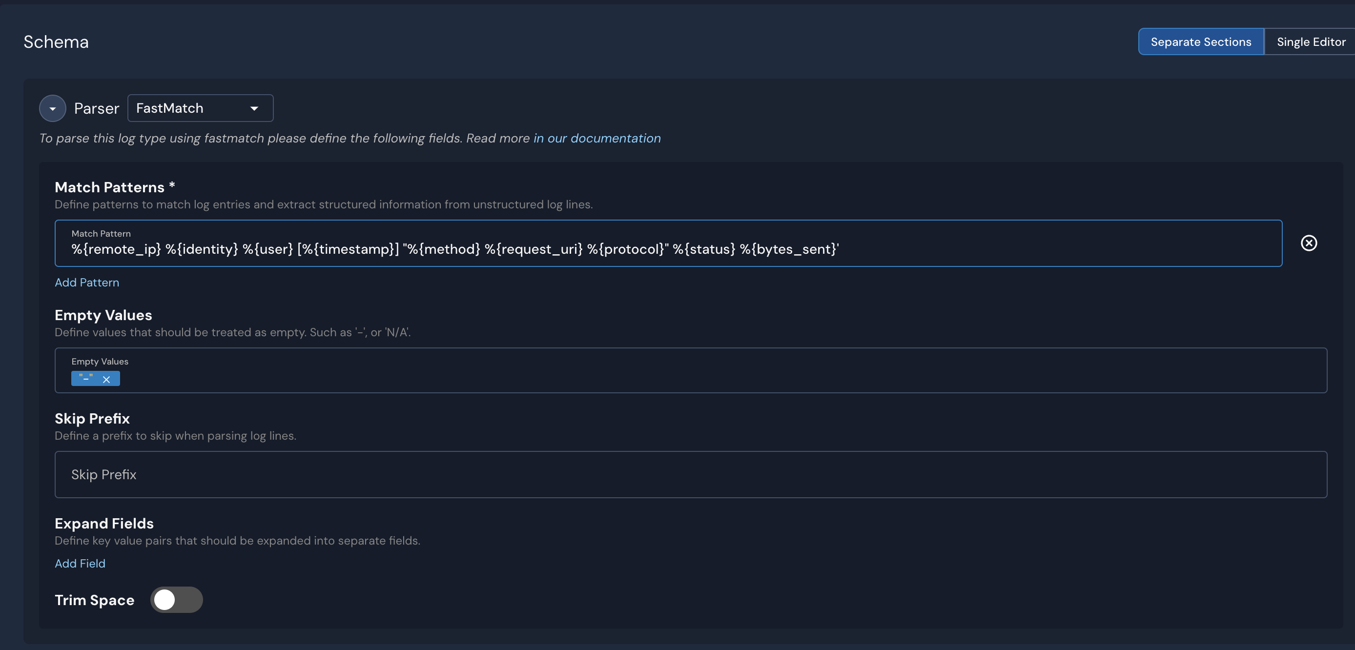 In a "Schema" section, "FastMatch" is selected for a Parser field. There are various form fields shown, such as Match Patterns, Empty Values, and Skip Prefix.