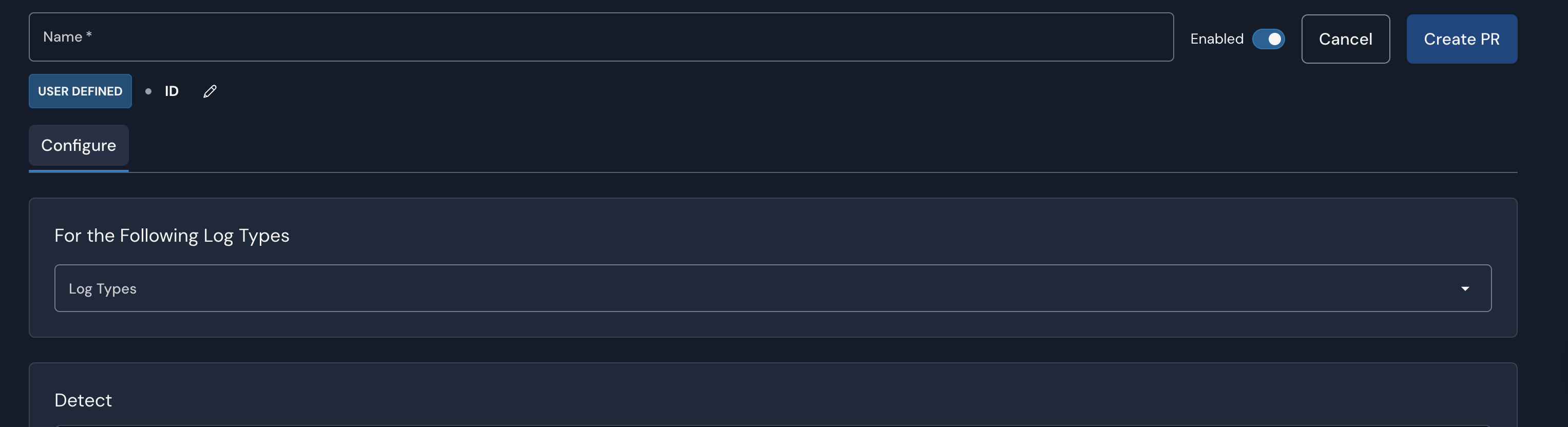 The detection editor in the Panther Console with a Name field, Configure tab, and Log Types selector; the top-right toolbar shows an Enabled toggle, a Cancel button, and a Create PR button.
