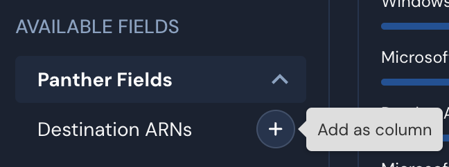 Under an "Available Fields" header is a "Panther Fields" header, then a field called "Destination ARNs." To its right is a plus sign that's been hovered over; its tooltip reads "Add as column."