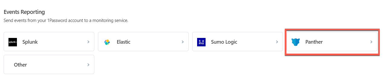 In the "Events Reporting" section in 1Password, there is a tile labeled Panther. In the image, there is a red square around it.