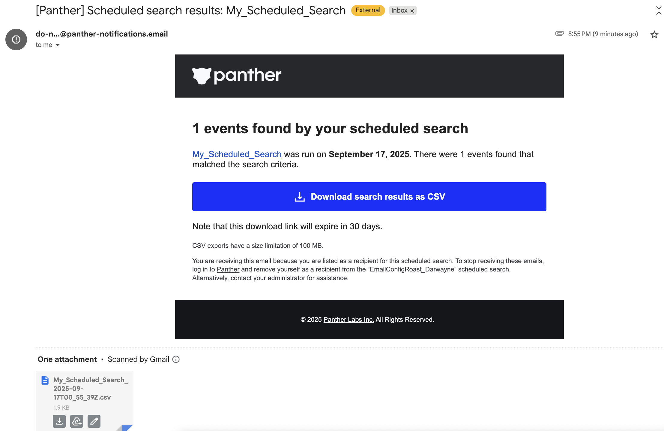 Under the Panther logo, a title reads, "1 events found by your scheduled search." Below that is a "Download search results as CSV" button.