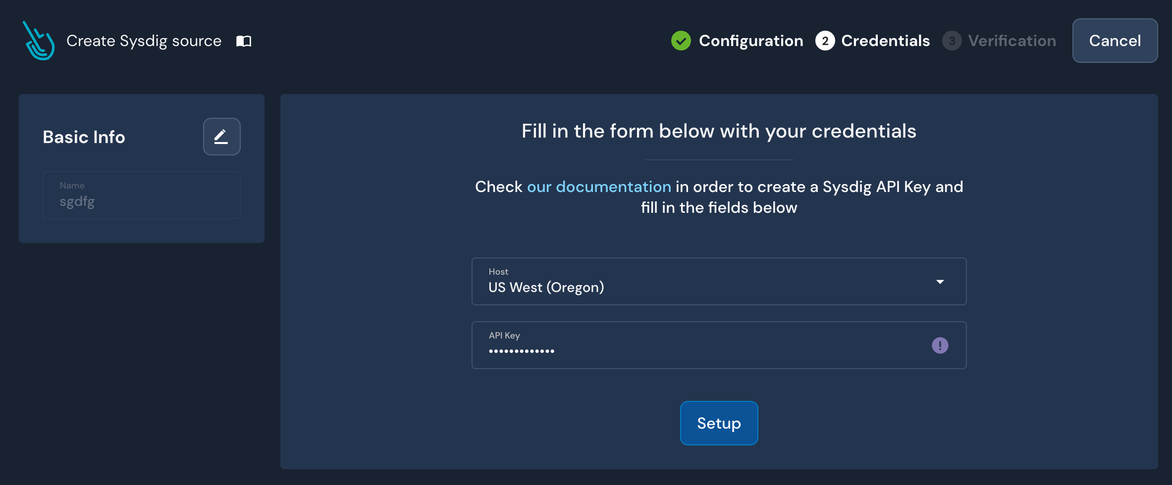 On the Credentials page of the Sysdig source setup flow, there are fields for Host and API Key. Below, there's a Setup button.