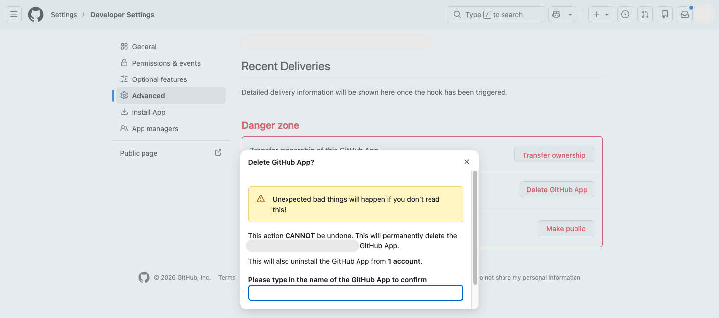 A 'Delete GitHub App?' confirmation dialog warning that the action cannot be undone, with a field to type the app name to confirm.
