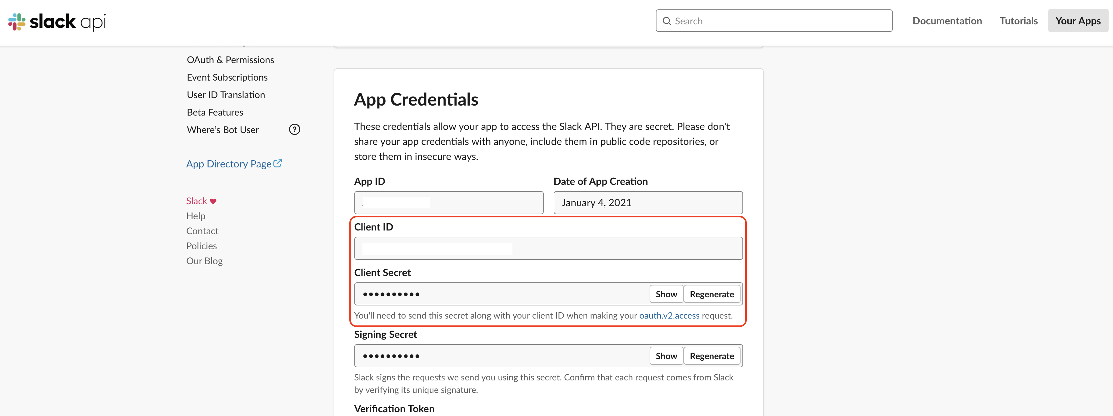 In the Slack admin console, the App Credentials page is open. There are fields for App ID, Date of App Creation, Client ID, Client Secret, and Signing Secret. There is a red circle around the Client ID and Client Secret fields.