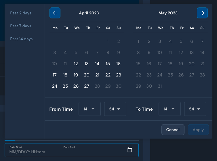 The date modal displays a calendar view, and fields at the bottom for "From Time" and "To Time."