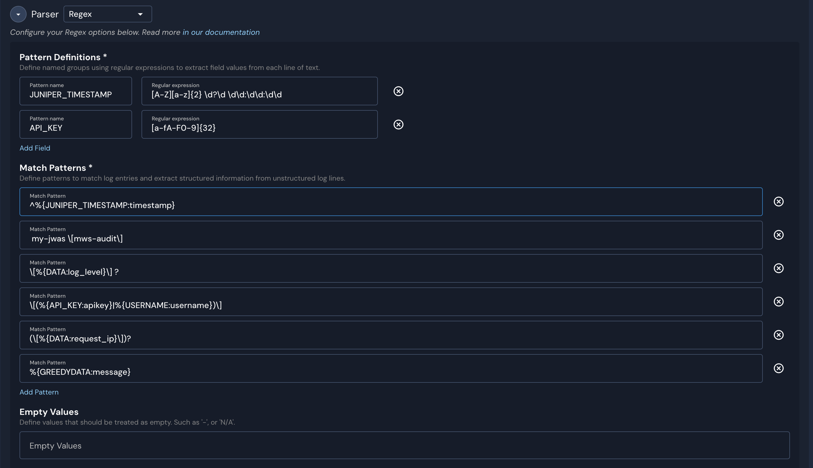 In a "Schema" section, "Regex" is selected for a Parser field. There are various form fields shown, such as Pattern Definitions, Match Patterns, and Empty Values.