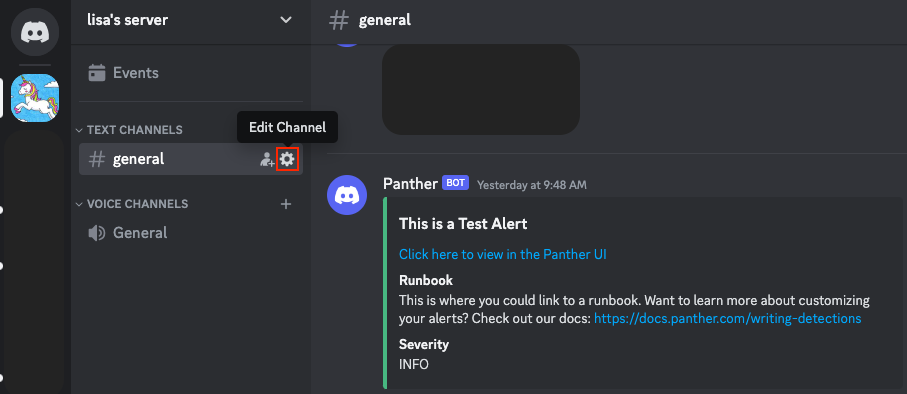 In Discord, the gear icon next to "#general", under "Text Channels" is highlighted.