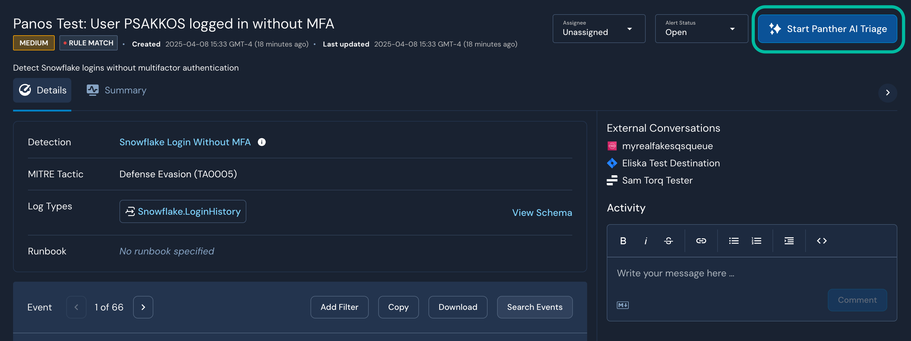 On a page titled "Panos Test: User PSAKKOS logged in without MFA" a button labeled "Start Panther AI Triage" is circled.