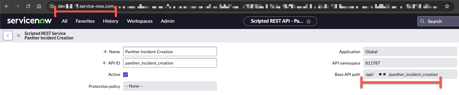 The servicenow console is shown, with various fields visible, like Name and API ID. Two areas are highlighted: the domain in the URL address bar, and the Base API path field.