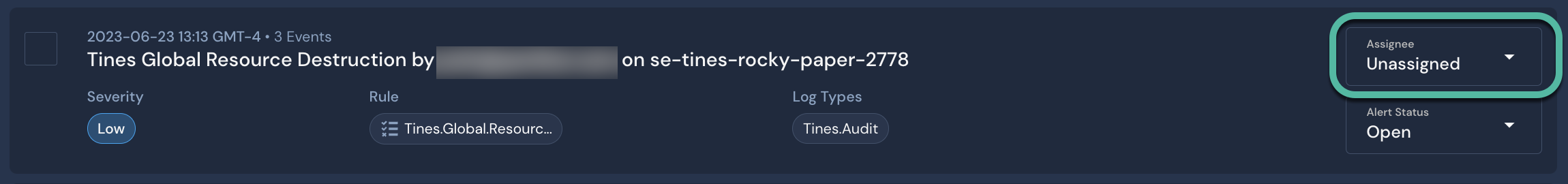 The Assignee dropdown menu is on the right side of an alert in the Alerts list. It is circled.