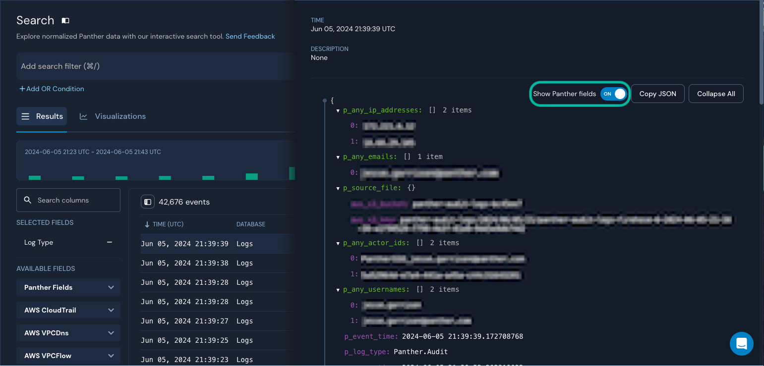 In Search, the event JSON slide-out panel is shown. Above the event JSON, a "Show Panther fields" toggle, set to ON, is circled.