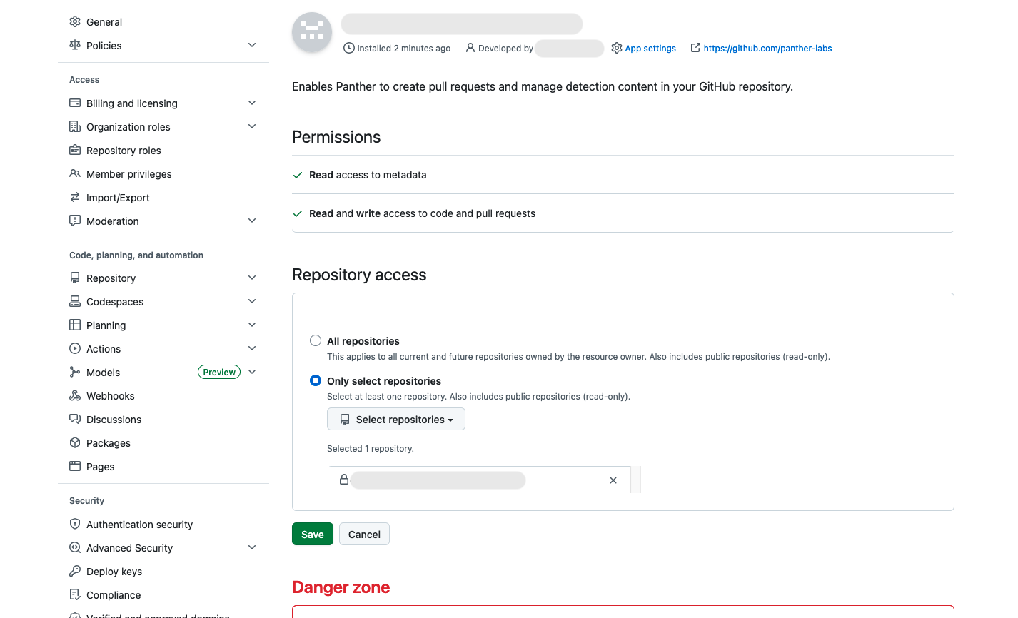 The GitHub App configuration page with 'Only select repositories' selected and a single target repository listed under 'Selected 1 repository,' with Save and Cancel buttons visible.