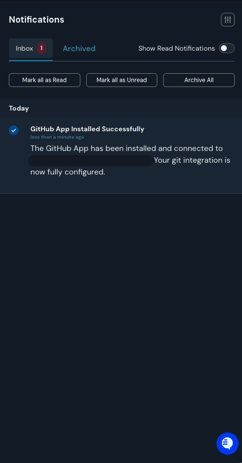 The Panther Notifications panel showing a 'GitHub App Installed Successfully' notification confirming the connection to the configured repository.