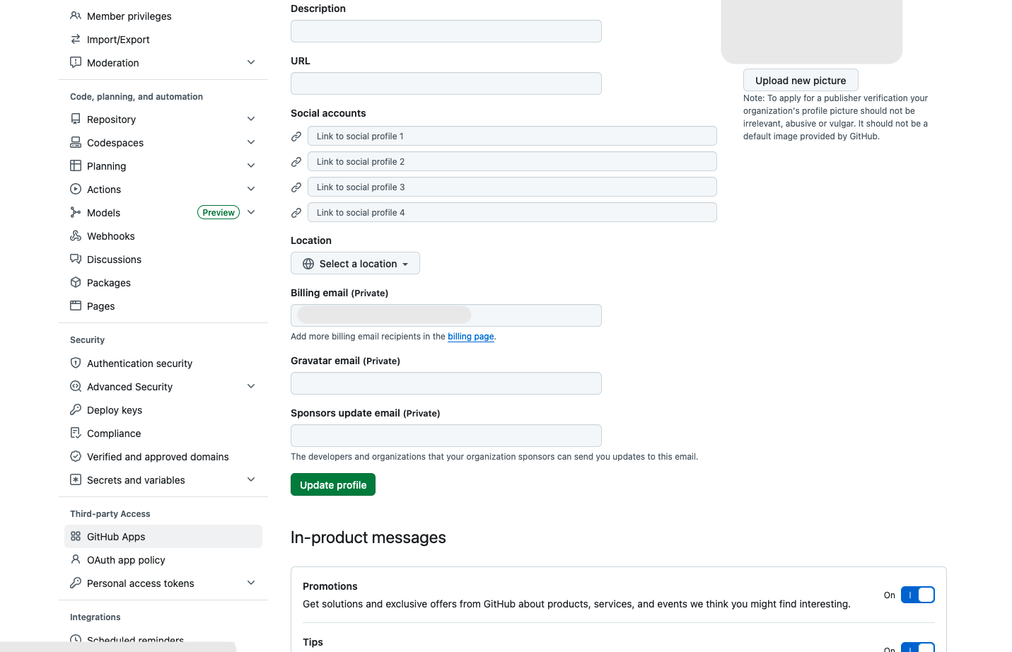 The GitHub organization settings page with the left sidebar Third-party Access section visible and GitHub Apps highlighted.
