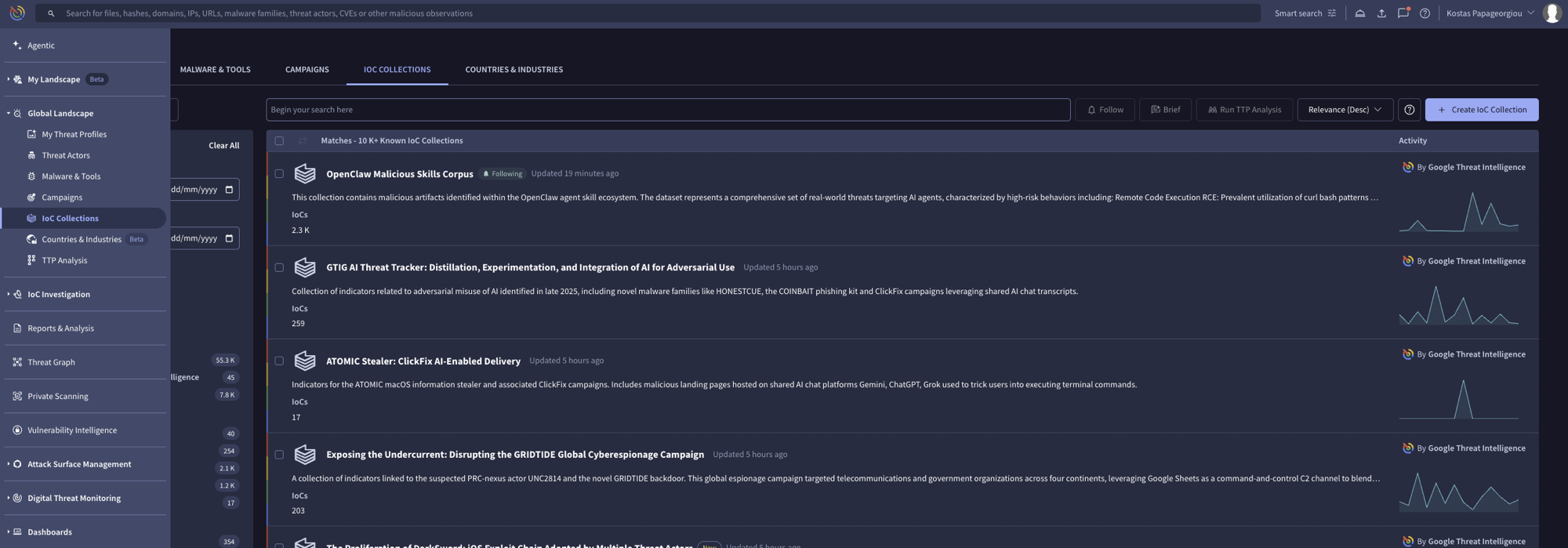 Google Threat Intelligence IoC Collections page showing available collections