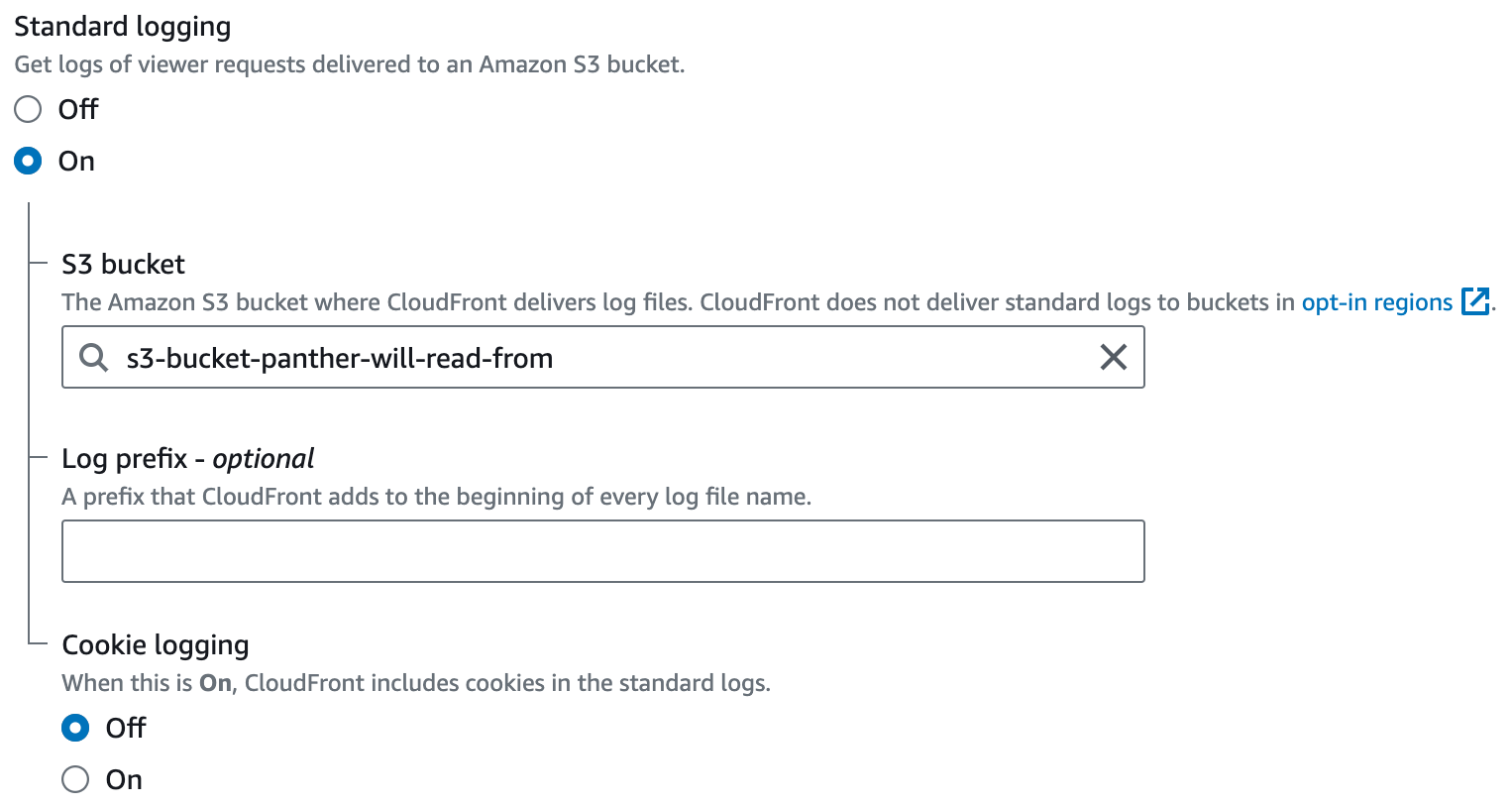 Under a Standard logging header are Off/On radio buttons. Below those are three fields: S3 bucket, Log prefix - optional, and Cookie logging.