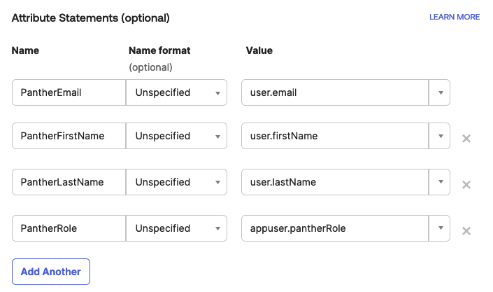 The Attribute Statements section of Okta is shown, with four attributes: PantherEmail, PantherFirstName, PantherLastName, and PantherRole