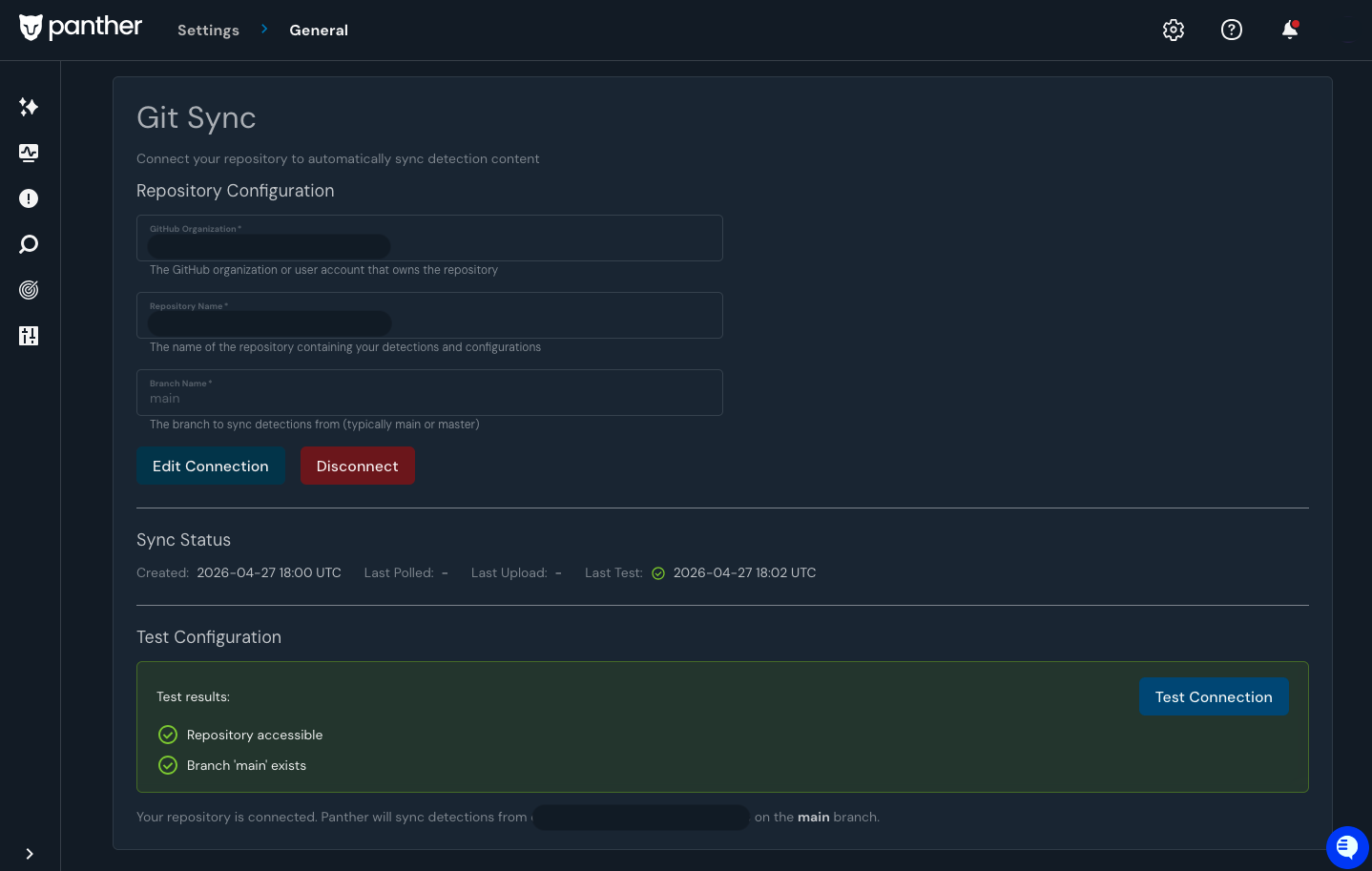 The Developer Workflow tab in Panther Settings showing a successful Test Configuration with green checkmarks next to 'Repository accessible' and 'Branch main exists'.