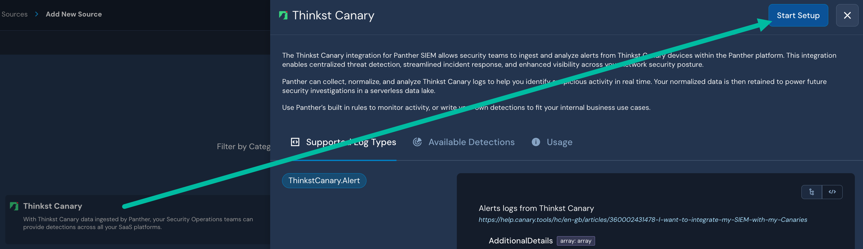 An arrow is drawn from a tile labeled "Thinkst Canary" to a "Start Setup" button.