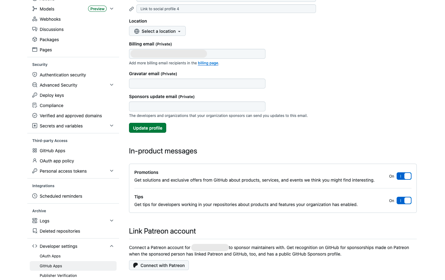 The GitHub organization settings page with the left sidebar expanded to show Developer settings, with GitHub Apps highlighted.
