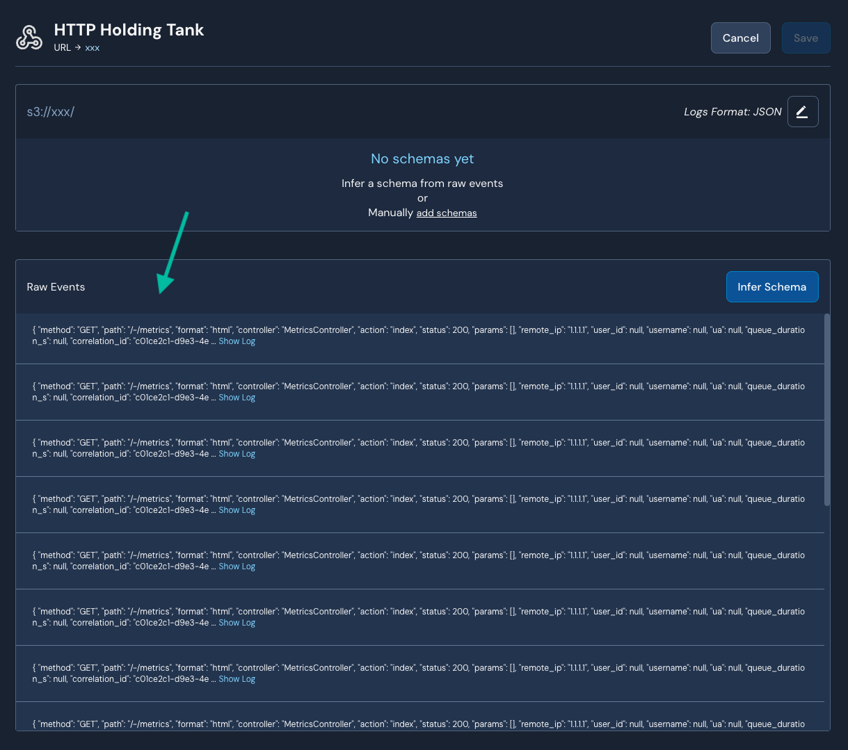 An HTTP source schema attachment page is shown. There is an arrow pointing to the section at the bottom, called "Raw Events." Various JSON events are included in this section. There is a blue "Infer Schema" button.