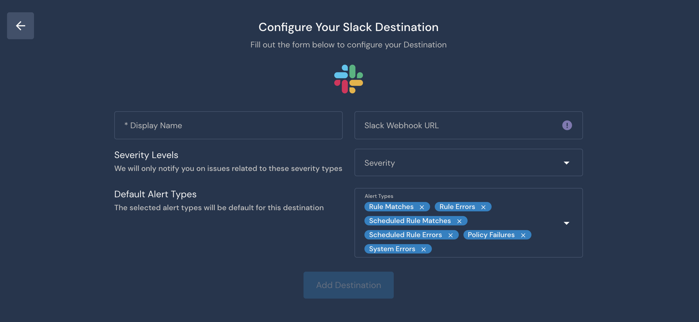 On the configuration screen for a Slack destination in the Panther Console, "System Errors" is one of the selected Alert Types.