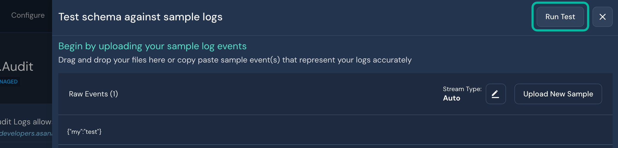 There is a slide-out panel titled "Test schema against sample logs" and a circled "Run Test" button.