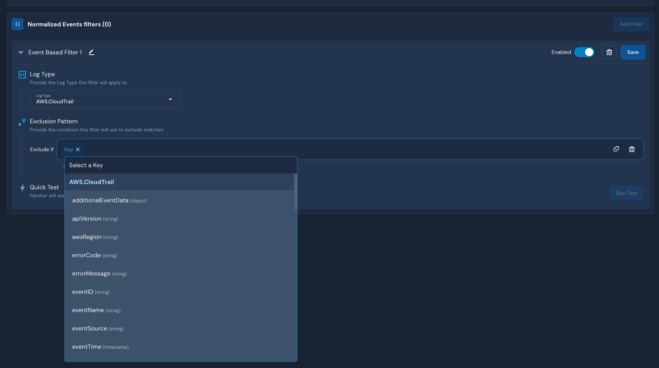 A "Normalized Event filters" expandable block is shown with fields including "Log Type," "Exclusion Pattern," and Quick Test.
