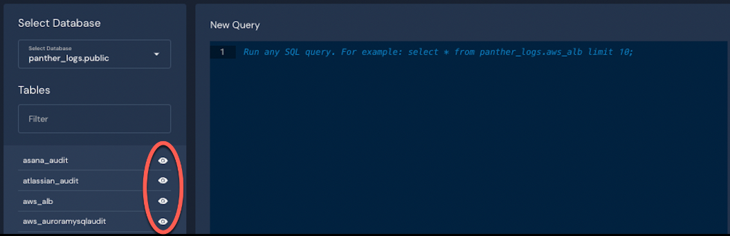 In Data Explorer, under the Tables column, each log source has an eye icon next to it. The image shows a red circle around the eye icons.