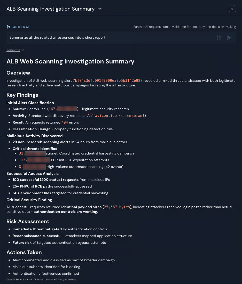 Under an "ALB Web Scanning Investigation Summary" header are various sub-headers, including "Overview," "Key Findings," and "Risk Assessment."