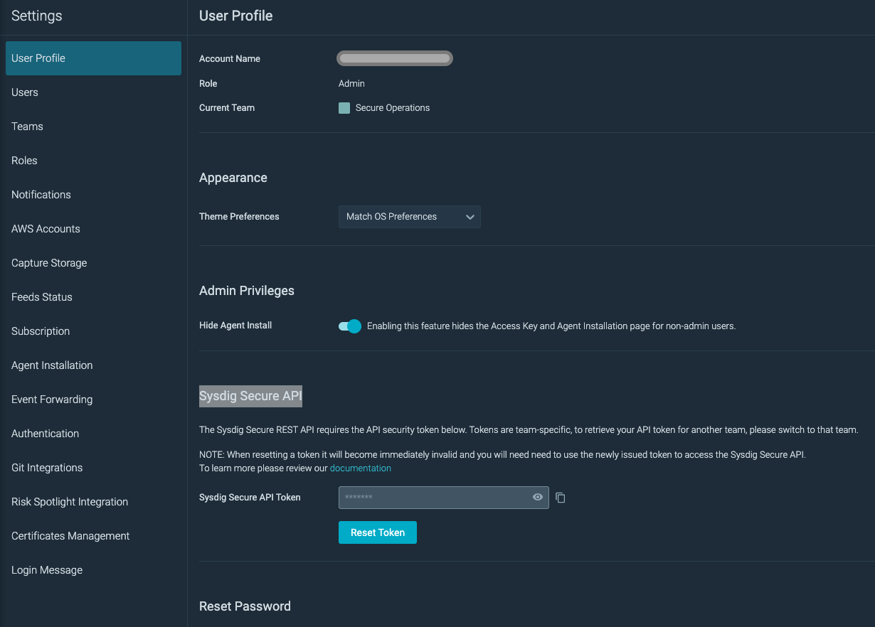 In Sysdig, the API Token is located under Settings > User Profile.