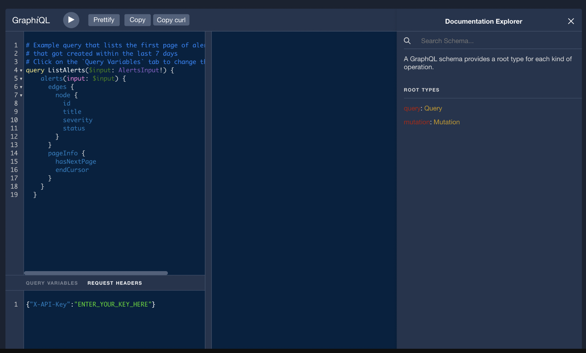The API Playground's default view shows an example query in a code editor on the left. On the right, there is a column labeled Documentation Explorer.