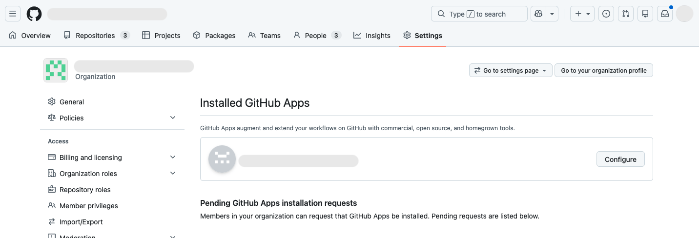 The Installed GitHub Apps page in GitHub organization settings, listing the Panther GitHub App with a Configure button.