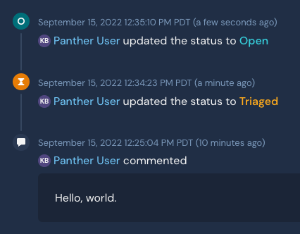 An alert's Alert History. The example history shows an event that says "A Panther user updated the status to open."
