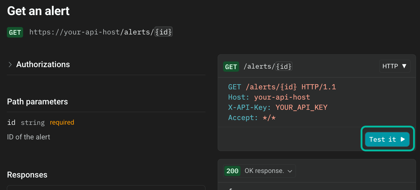 A "Get an alert" section includes cards for "Path parameters," "Responses," and "Authorizations." The "Test it" button is circled.