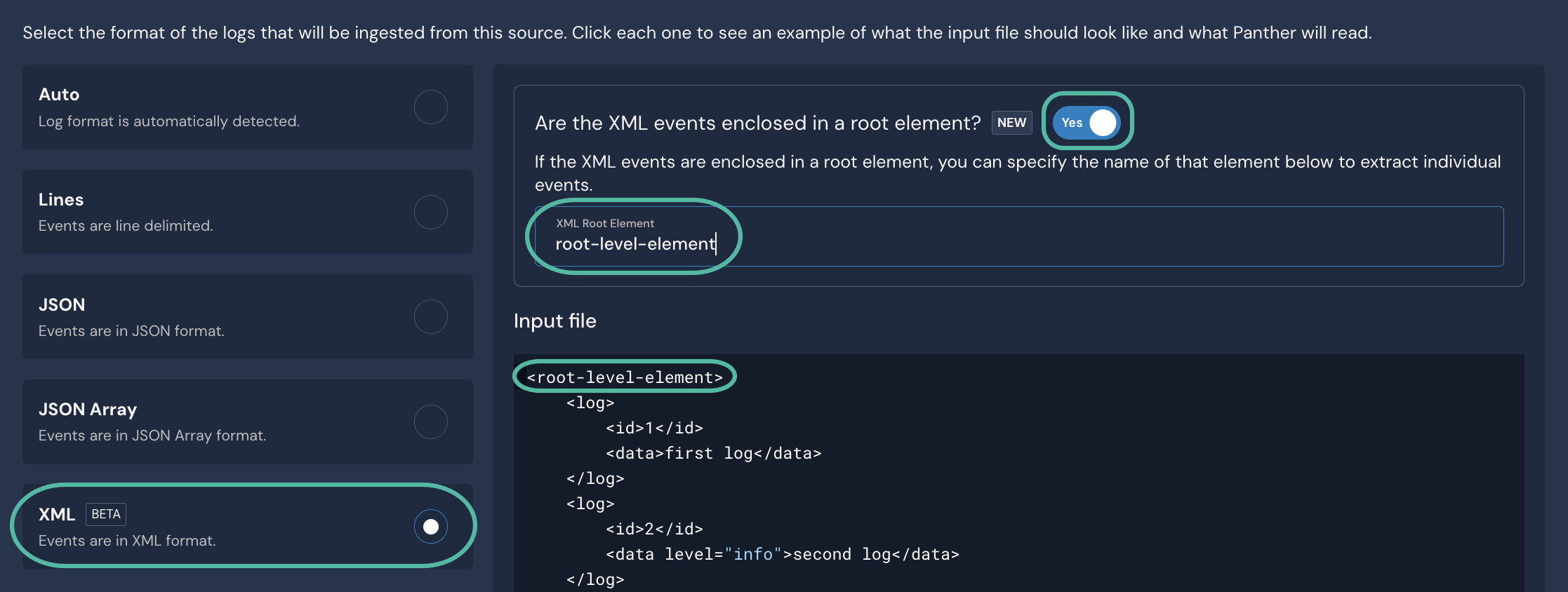 Various form fields are circled: A radio button labeled "XML," a toggle set to "Yes," a text field labeled "XML Root Element," etc.